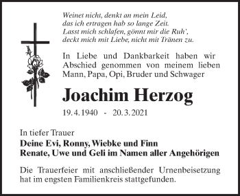 Traueranzeige von Joachim Herzog von Märkischen Allgemeine Zeitung