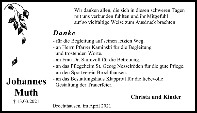  Traueranzeige für Johannes Muth vom 03.04.2021 aus Eichsfelder Tageblatt