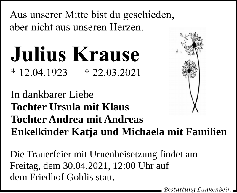  Traueranzeige für Julius Krause vom 17.04.2021 aus Leipziger Volkszeitung