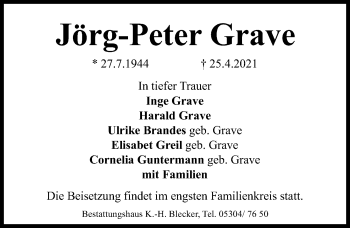 Traueranzeige von Jörg-Peter Grave von Aller Zeitung