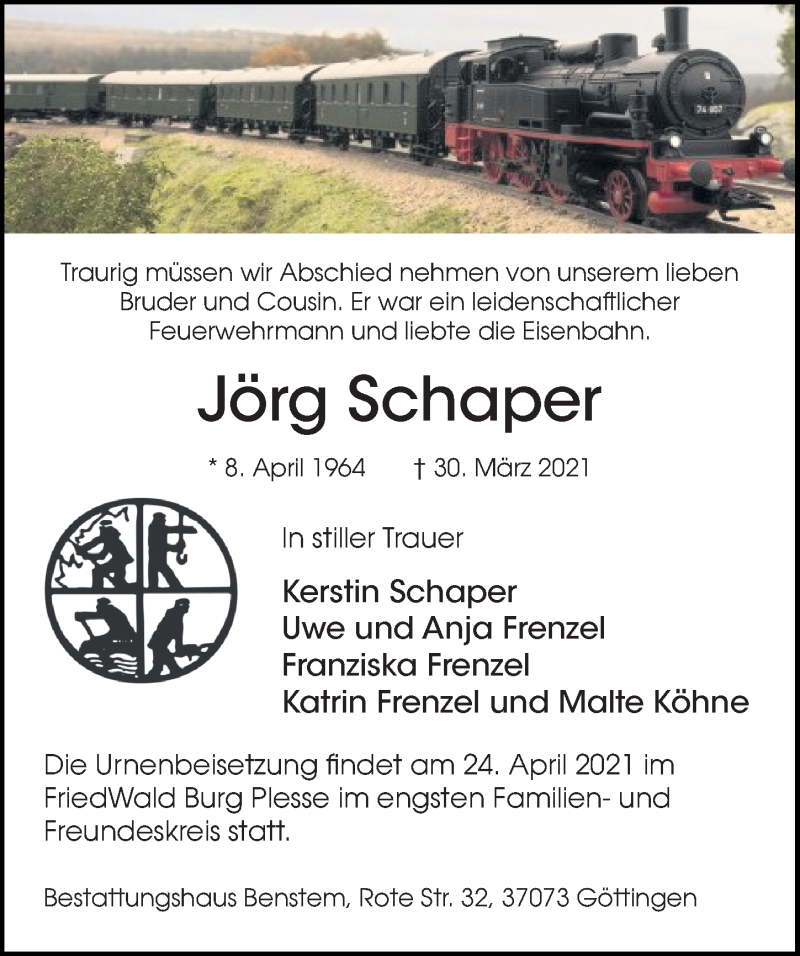  Traueranzeige für Jörg Schaper vom 10.04.2021 aus Göttinger Tageblatt