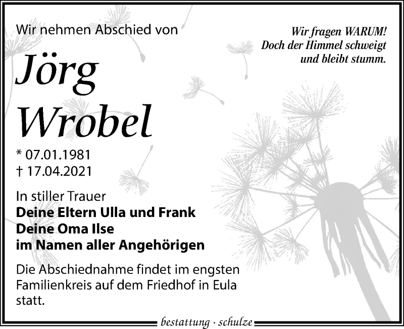  Traueranzeige für Jörg Wrobel vom 24.04.2021 aus Leipziger Volkszeitung