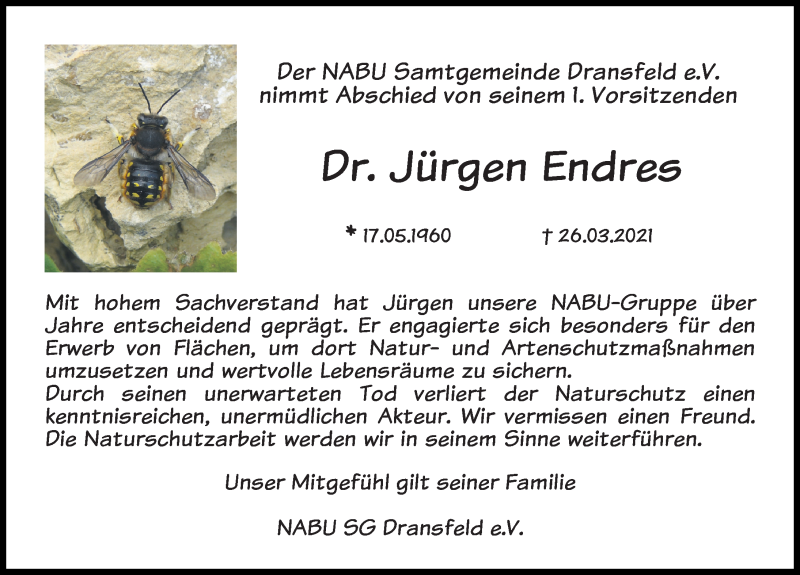  Traueranzeige für Jürgen Endres vom 10.04.2021 aus Göttinger Tageblatt