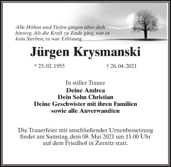 Traueranzeige von Jürgen Krysmanski von Märkischen Allgemeine Zeitung