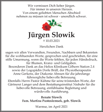 Traueranzeige von Jürgen Slowik von Aller Zeitung