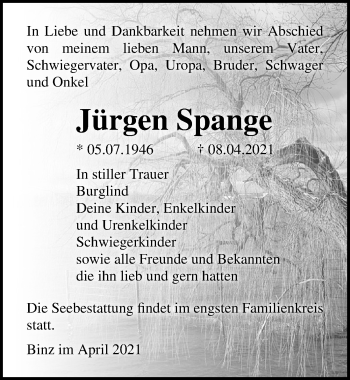 Traueranzeige von Jürgen Spange von Ostsee-Zeitung GmbH