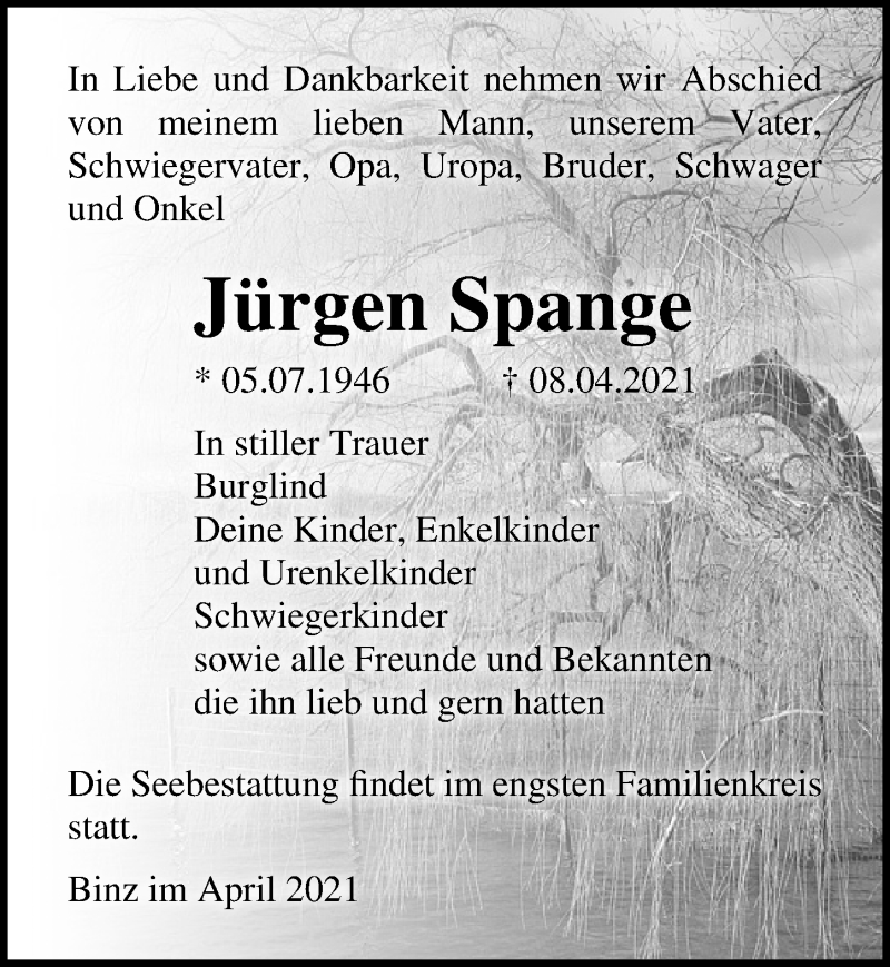  Traueranzeige für Jürgen Spange vom 17.04.2021 aus Ostsee-Zeitung GmbH