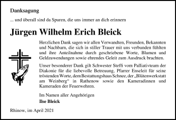 Traueranzeige von Jürgen Wilhelm Erich Bleick von Märkischen Allgemeine Zeitung