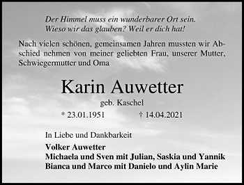 Traueranzeige von Karin Auwetter von Lübecker Nachrichten