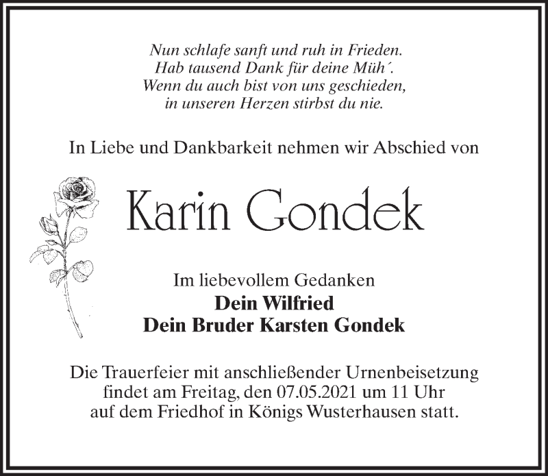  Traueranzeige für Karin Gondek vom 17.04.2021 aus Märkischen Allgemeine Zeitung