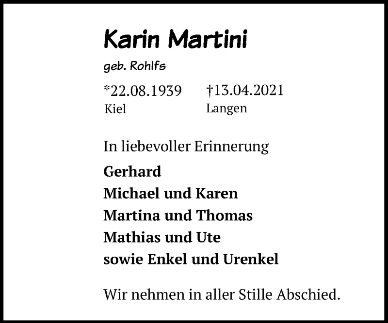  Traueranzeige für Karin Martini vom 16.04.2021 aus Kieler Nachrichten