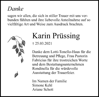 Traueranzeige von Karin Prüssing von Lübecker Nachrichten