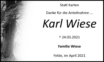 Traueranzeige von Karl Wiese von Kieler Nachrichten