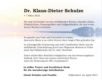Traueranzeige von Klaus-Dieter Schulze von Ostsee-Zeitung GmbH