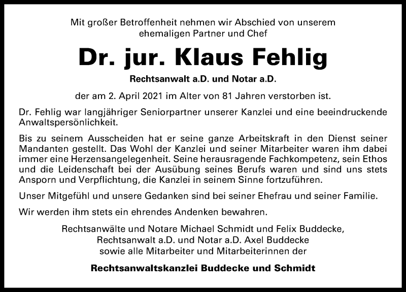  Traueranzeige für Klaus Fehlig vom 10.04.2021 aus Hannoversche Allgemeine Zeitung/Neue Presse