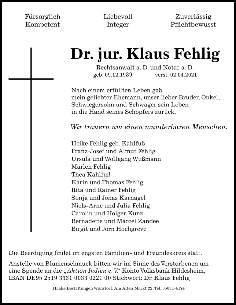  Traueranzeige für Klaus Fehlig vom 10.04.2021 aus Hannoversche Allgemeine Zeitung/Neue Presse