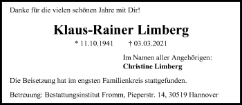 Traueranzeige von Klaus-Rainer Limberg von Hannoversche Allgemeine Zeitung/Neue Presse