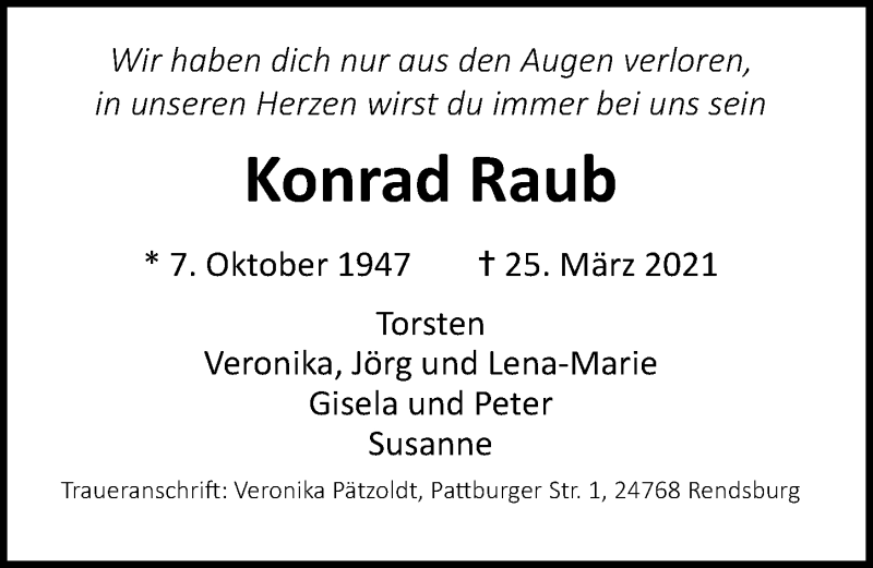  Traueranzeige für Konrad Raub vom 04.04.2021 aus Lübecker Nachrichten