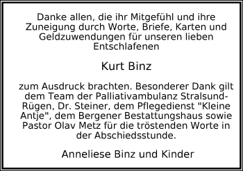 Traueranzeige von Kurt Binz von Ostsee-Zeitung GmbH