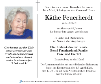 Traueranzeige von Käthe Feuerherdt von Märkischen Allgemeine Zeitung