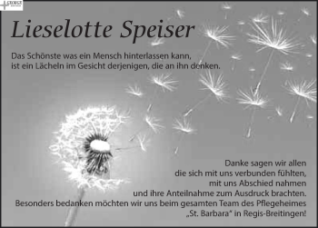 Traueranzeige von Lieselotte Speiser von Leipziger Volkszeitung