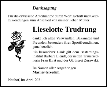 Traueranzeige von Lieselotte Trudrung von Märkischen Allgemeine Zeitung