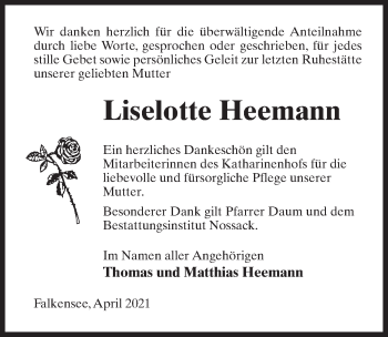 Traueranzeige von Liselotte Heemann von Märkischen Allgemeine Zeitung