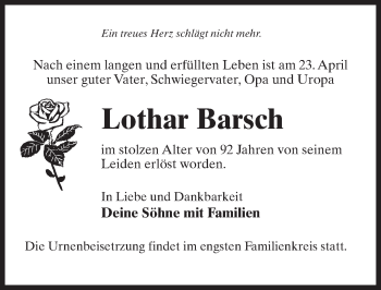 Traueranzeige von Lothar Barsch von Märkischen Allgemeine Zeitung