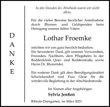 Traueranzeige von Lothar Froemke von Ostsee-Zeitung GmbH