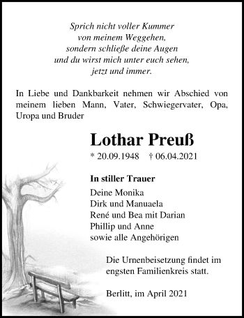 Traueranzeige von Lothar Preuß von Märkischen Allgemeine Zeitung