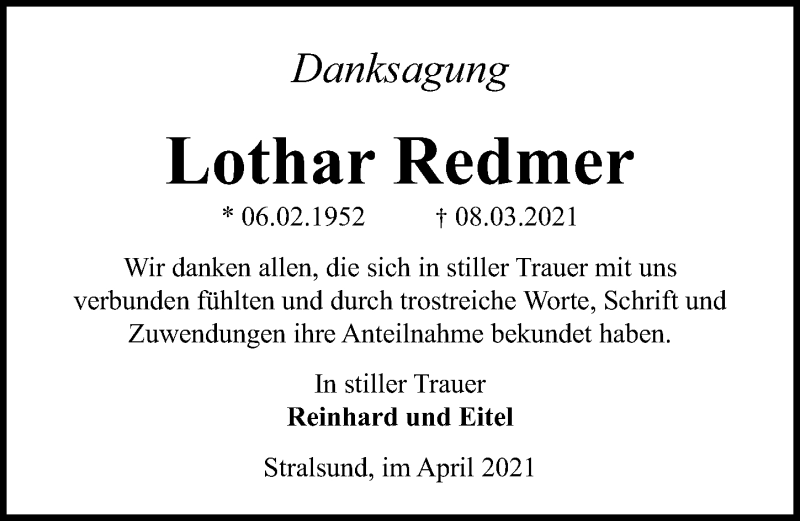  Traueranzeige für Lothar Redmer vom 24.04.2021 aus Ostsee-Zeitung GmbH