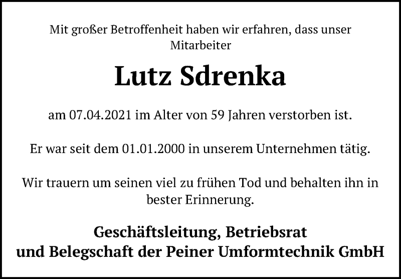  Traueranzeige für Lutz Sdrenka vom 14.04.2021 aus Peiner Allgemeine Zeitung