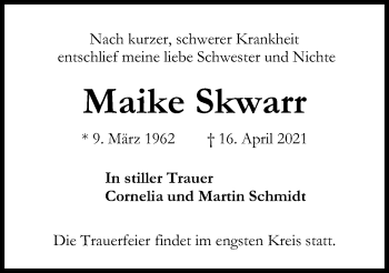 Traueranzeige von Maike Skwarr von Kieler Nachrichten