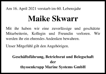 Traueranzeige von Maike Skwarr von Kieler Nachrichten