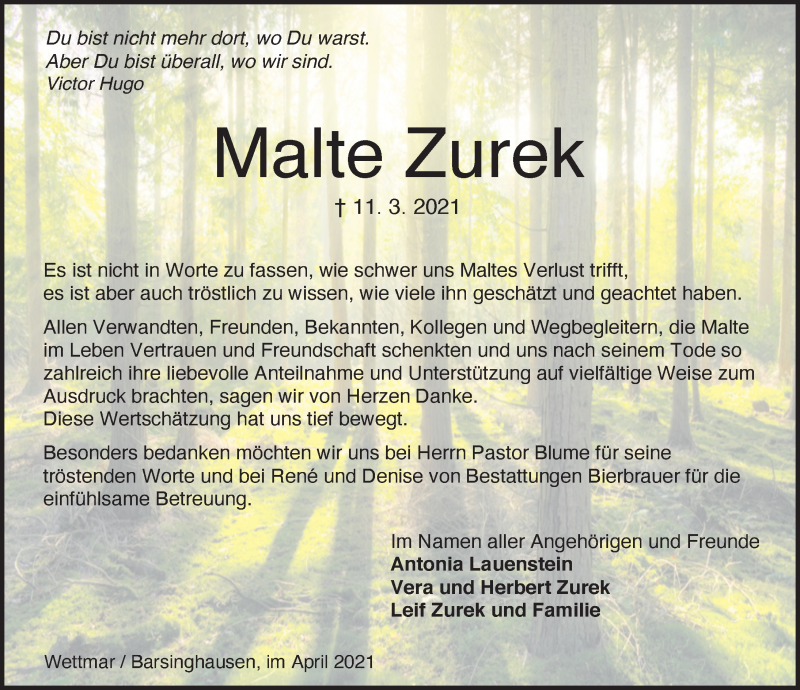  Traueranzeige für Malte Zurek vom 17.04.2021 aus Hannoversche Allgemeine Zeitung/Neue Presse