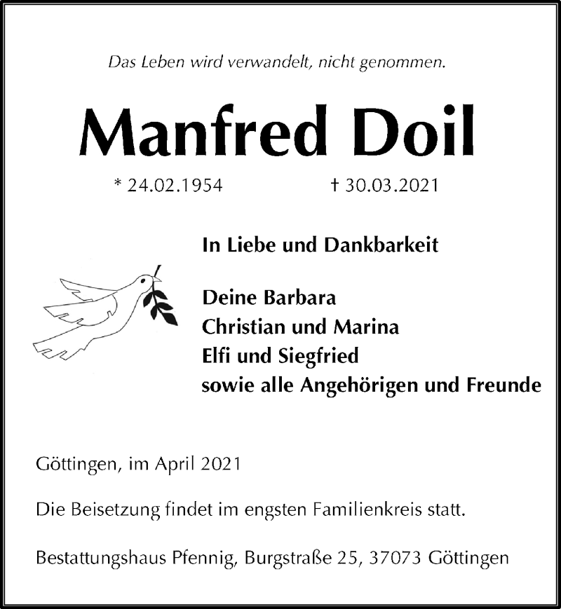  Traueranzeige für Manfred Doil vom 03.04.2021 aus Göttinger Tageblatt