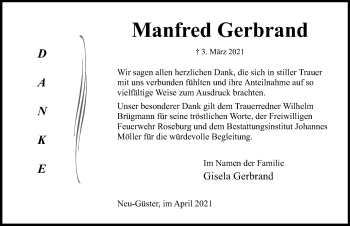 Traueranzeige von Manfred Gerbrand von Lübecker Nachrichten