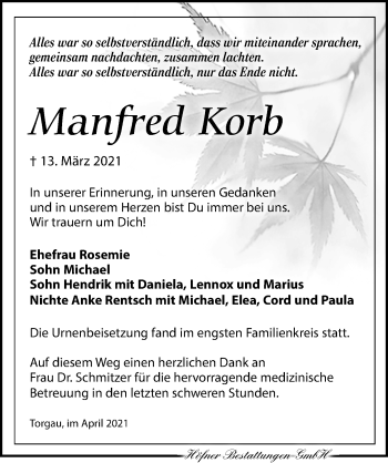 Traueranzeige von Manfred Korb von Torgauer Zeitung