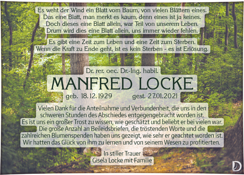  Traueranzeige für Manfred Locke vom 03.04.2021 aus Leipziger Volkszeitung