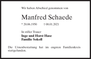 Traueranzeige von Manfred Schaede von Märkischen Allgemeine Zeitung
