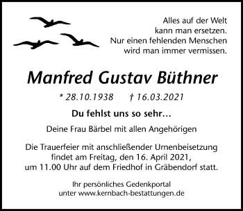 Traueranzeige von Manfred Gustav Büthner von Märkischen Allgemeine Zeitung