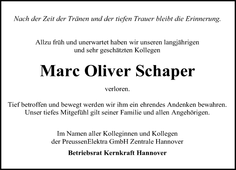  Traueranzeige für Marc Oliver Schaper vom 10.04.2021 aus Hannoversche Allgemeine Zeitung/Neue Presse