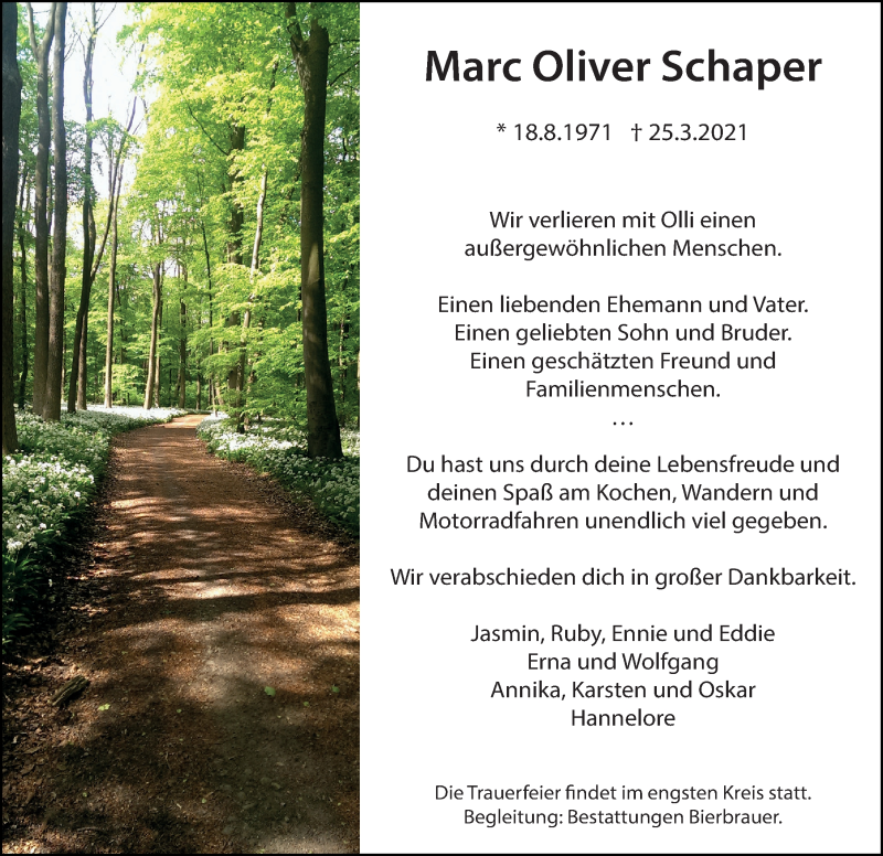  Traueranzeige für Marc Oliver Schaper vom 03.04.2021 aus Hannoversche Allgemeine Zeitung/Neue Presse
