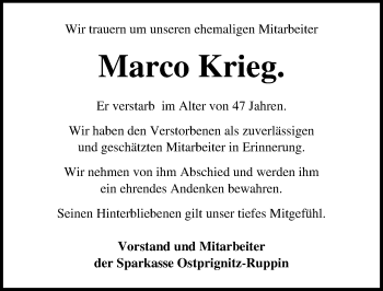 Traueranzeige von Marco Krieg von Märkischen Allgemeine Zeitung