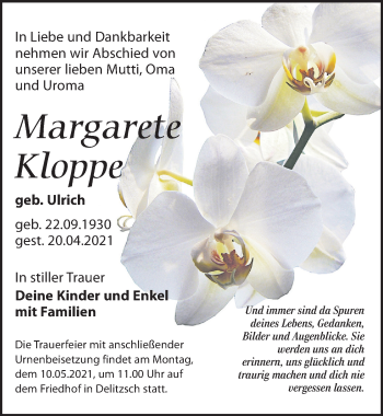Traueranzeige von Margarete Kloppe von Leipziger Volkszeitung