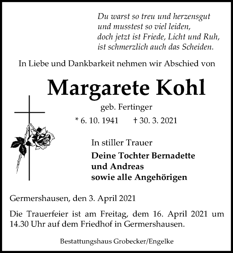  Traueranzeige für Margarete Kohl vom 03.04.2021 aus Eichsfelder Tageblatt