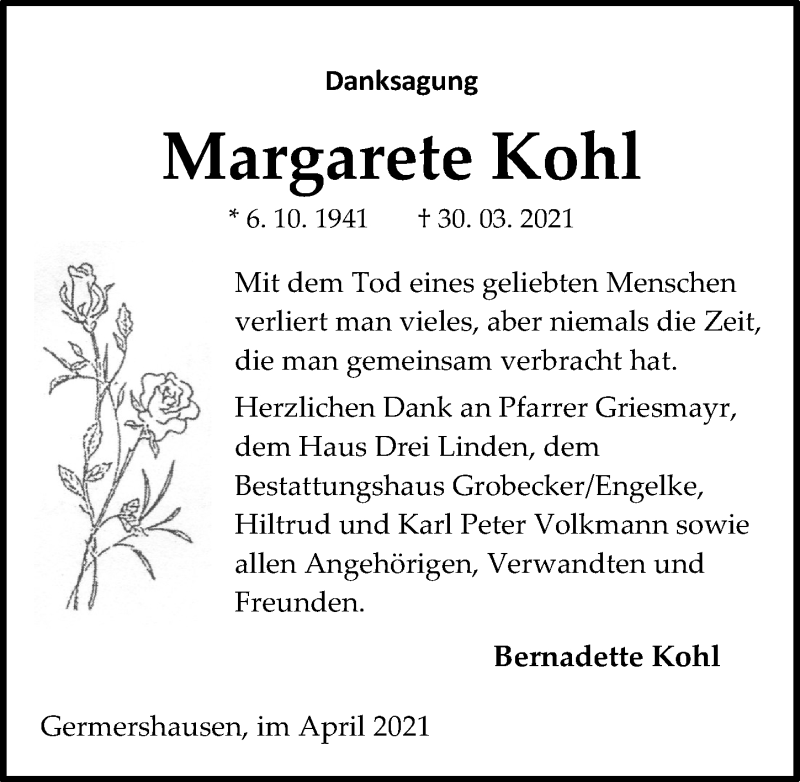  Traueranzeige für Margarete Kohl vom 30.04.2021 aus Eichsfelder Tageblatt