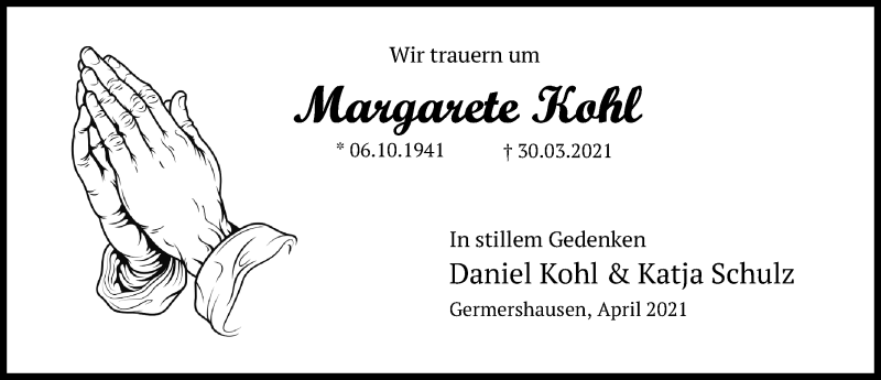  Traueranzeige für Margarete Kohl vom 10.04.2021 aus Eichsfelder Tageblatt