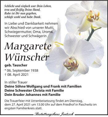 Traueranzeige von Margarete Wünscher von Leipziger Volkszeitung