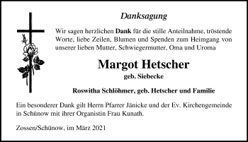 Traueranzeige von Margot Hetscher von Märkischen Allgemeine Zeitung